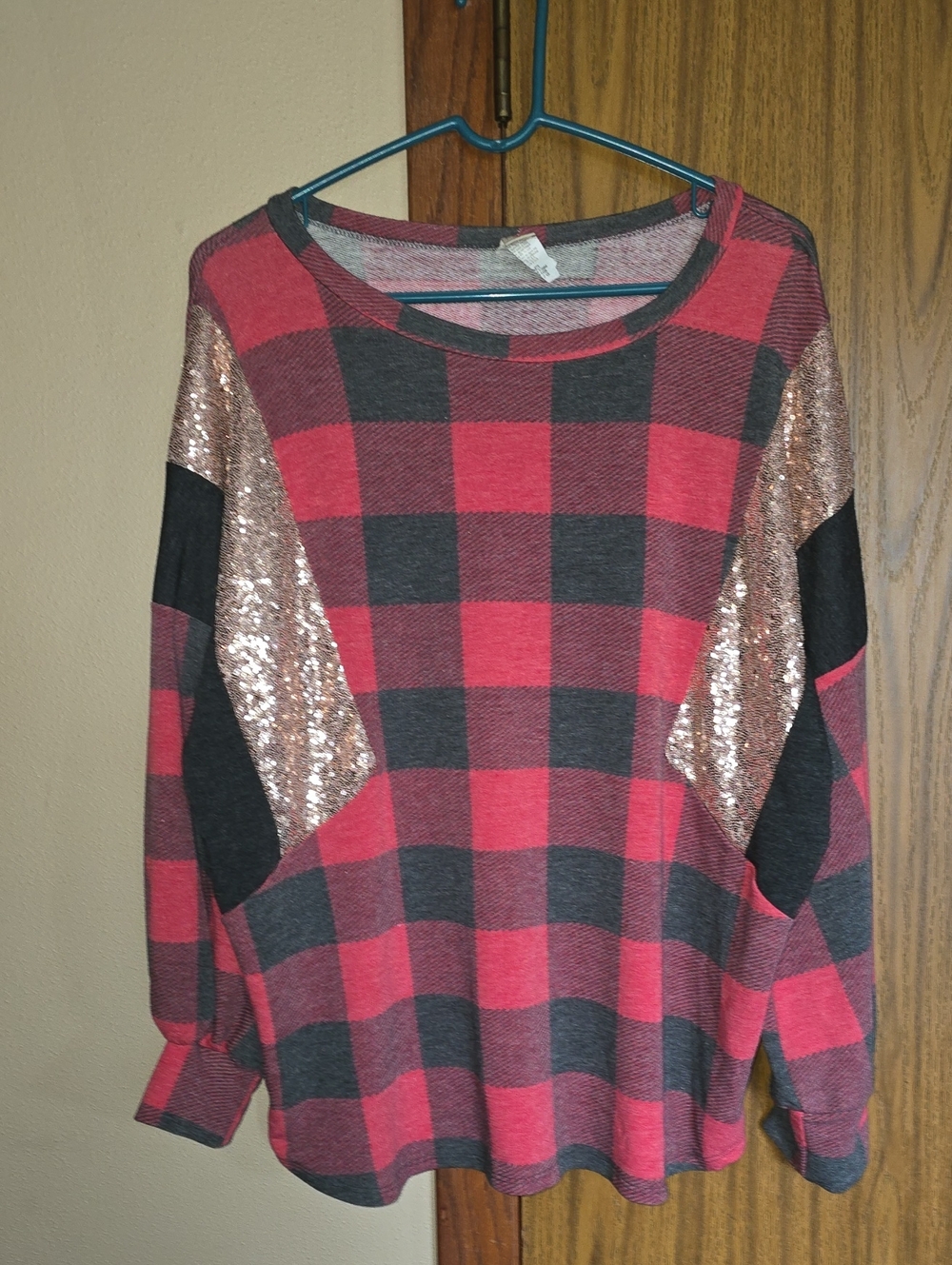 7th Ray Red and Black Buffalo Plaid Top with Gold Sequin Sleeves